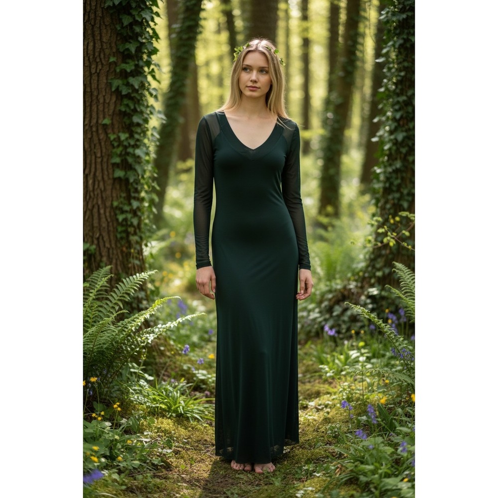 Silence + Noise Maxi Dress Sz L Green Mesh Long Sleeve Sheer Forest Fairy Goth